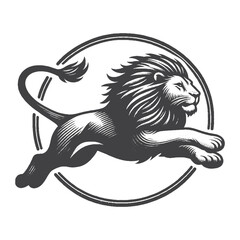 Obraz premium Vintage Hand-Drawn African Lion Leaping Forward Illustration – Wildlife Animal Engraved Style Vector for T-Shirts, Posters, Stickers, and Dynamic Motion Themes Apparel