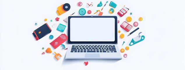 Colorful illustration of a laptop with a white screen, surrounded by digital marketing icons and colorful arrows on a light background.