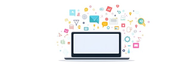 Colorful illustration of a laptop with a white screen, surrounded by digital marketing icons and colorful arrows on a light background.