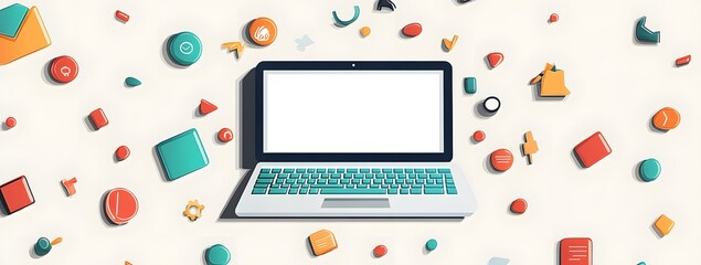 Colorful illustration of a laptop with a white screen, surrounded by digital marketing icons and colorful arrows on a light background.