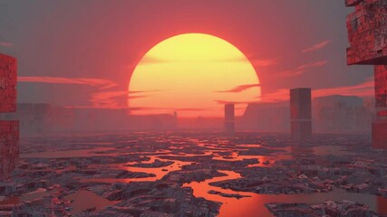 A vast desert mirrored lake surreal neon city skyline, glowing pink blue skyscrapers horizon, red sun eclipsed heatwave shimmer, glitch effects, retro futuristic monorails sliding glowing tracks - Powered by Adobe