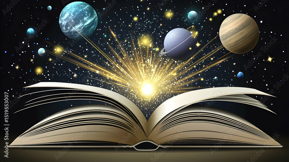 Poster open book with exploding light and planets