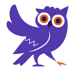 Owl illustration, colorful minimalist style, mid-century modern, childlike shapes, whimsical character design, no outlines, solid colors, stylized proportions