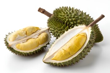 Obraz premium Minimalist Artistic Still Life of Whole and Halved Durians on White Background
