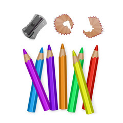 Collection of Colorful Pencils, Sharpener, and Shavings