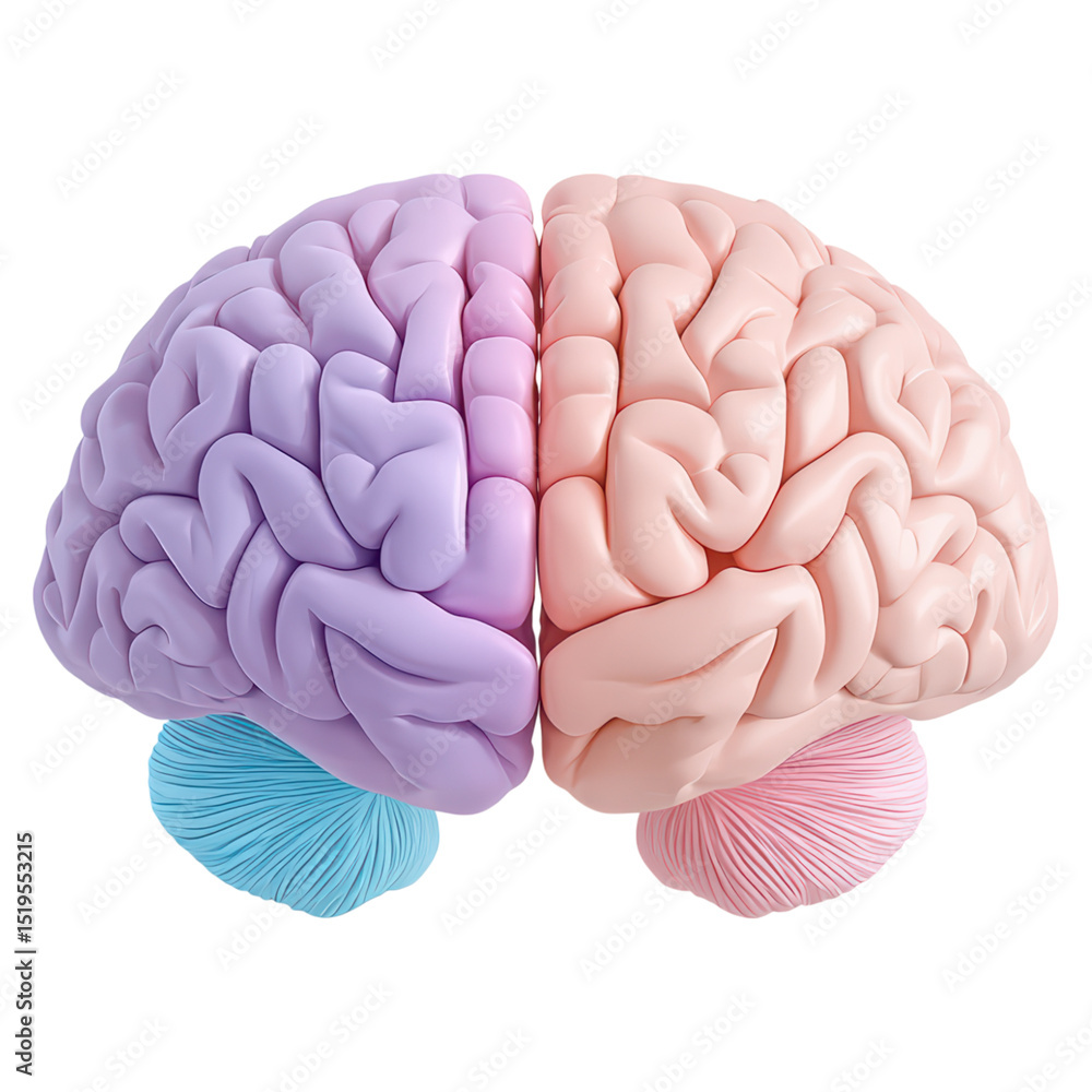 Poster anatomically accurate 3d render of a human brain with distinct hemispheres, isolated on transparent 