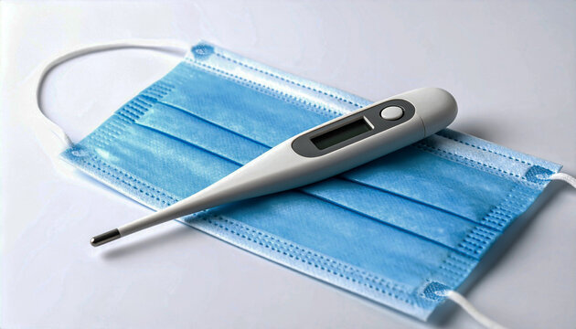 Digital Thermometer and Surgical Face Mask on White Background for Health Protection