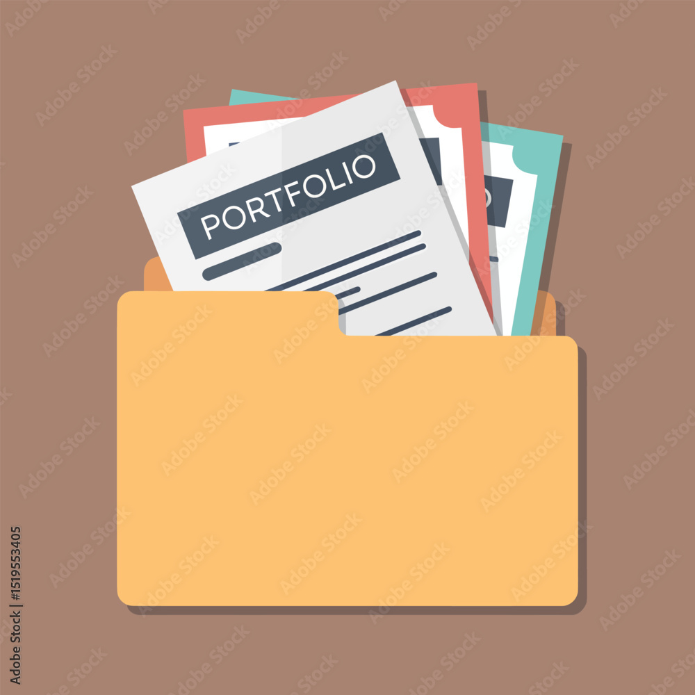 Poster yellow folder with portfolio documents concept showing business and finance data management and arch