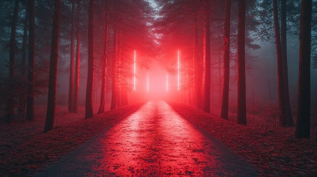 Red neon lights illuminate foggy forest path