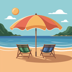A peaceful beach scene featuring two lounge chairs beneath a striped umbrella with a sun ocean and rolling hills background.
