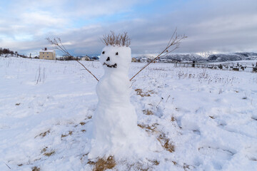 snow man on hill in front of beautiful red holiday house on snowy mountain with forest and snow on...