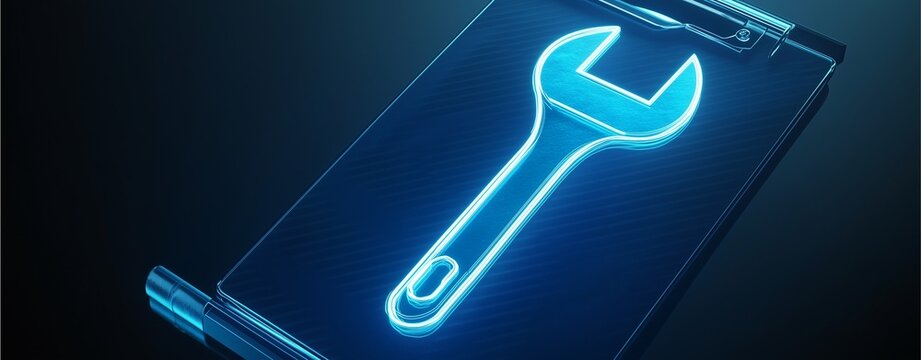 Tech Toolkit: A sleek digital illustration showcases a glowing wrench icon, symbolizing the tools and expertise needed for effective technological repair and maintenance.