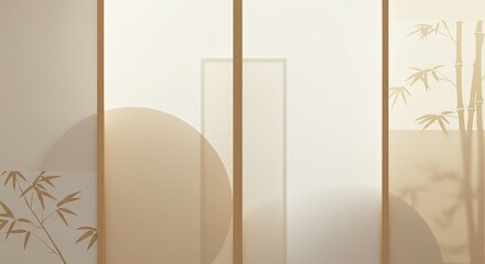 Old wooden door frame illustration with a view of a Japanese screen