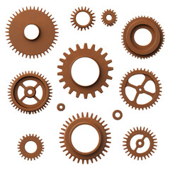 Collection of Brown Gears and Cogs on White Background for Industrial Use, isolated on transparent background.