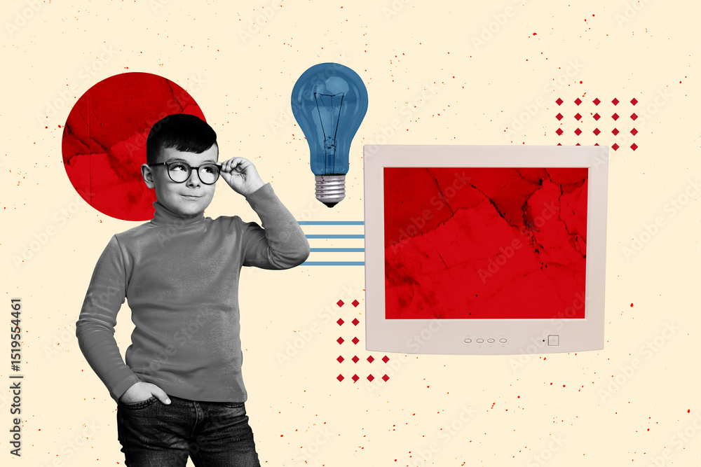 Poster Composite sketch 3D photo collage of schoolboy stand think idea lamp brainstorming computer monitor education student elementary class
