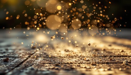 soft abstract dust particles floating in warm ambient light over an aged wooden surface forming a serene vintage visual