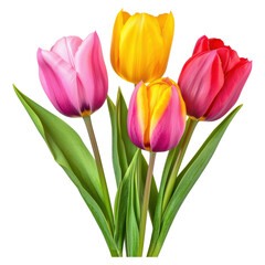 Fototapeta premium Colorful Tulips in Bloom Showcasing Vibrant Petals and Fresh Green Leaves, isolated on transparent background.