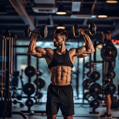 Fototapeta premium Muscular man lifting dumbbells in a gym, showcasing strength and fitness amidst workout equipment