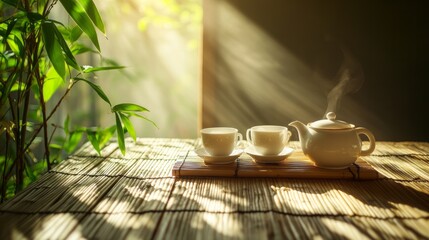 Chinese asian tea ceremony. Green tea in the teapot and small cups