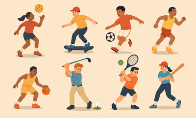 Vector illustration of children and teenagers playing different sports including soccer, basketball, tennis, baseball, golf, running, skateboarding, and volleyball. 