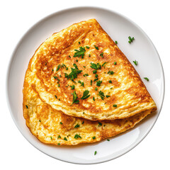 Delicious Golden Brown Omelette Garnished with Fresh Green Herbs, isolated on transparent background.