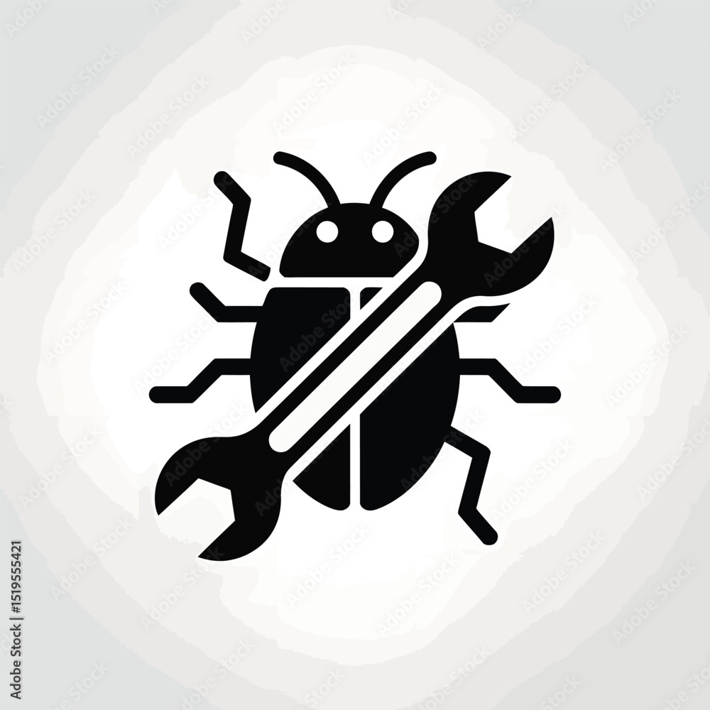 Aufkleber black icon of bug repair illustrating software debugging and technical support for computer systems