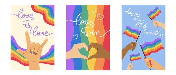 Three layout design of banners about Pride month with rainbow, flag and hand signs for love.
