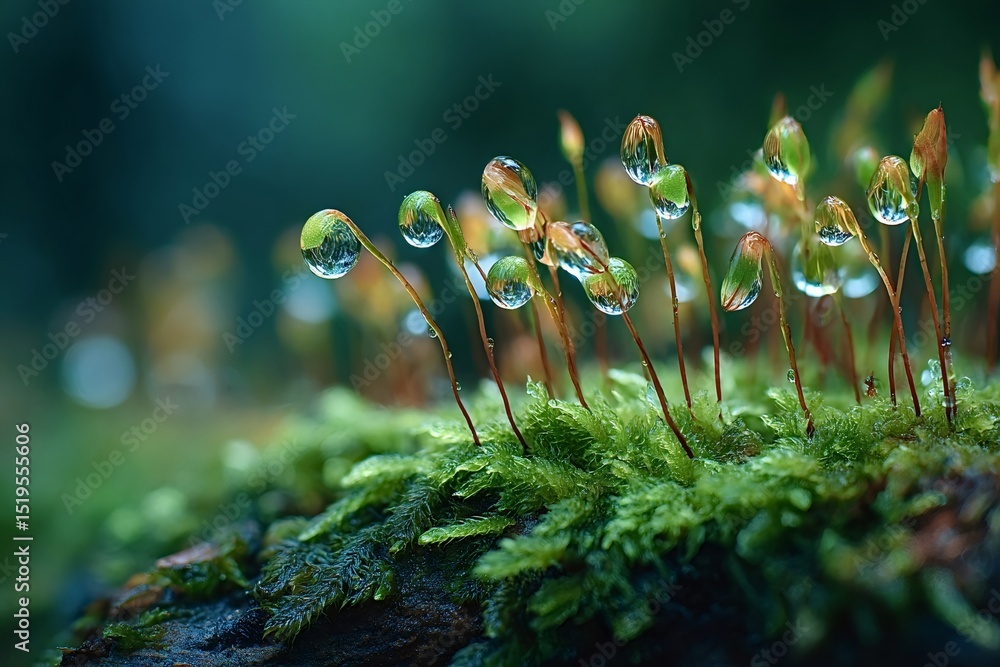 Aufkleber sparkling droplets of dew cling to delicate moss stems, transforming into tiny, reflective spheres m