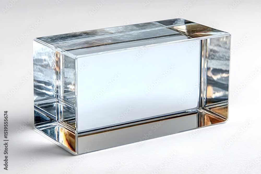 Poster empty rectangular transparent glass block standing on white background representing purity, clarity,
