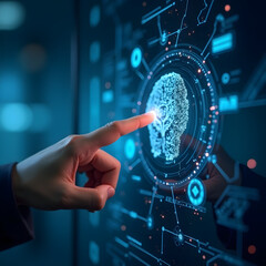Businessman's hand interacts with a futuristic digital screen, showcasing global network connections and flowing binary code, symbolizing advanced technology and data communication
