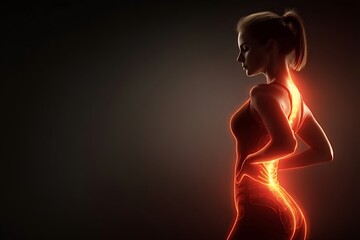 Woman athlete is holding her lower back with her hand, suffering from backache, highlighted spine and nervous system, black background with copy space