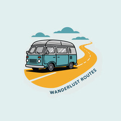 Cartoon illustration of a retro camper van on a winding road representing travel and adventure wanderlust routes for exploration
