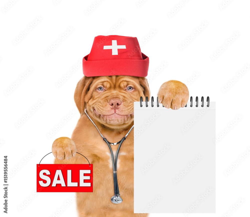 Poster smiling puppy dressed like a doctor with stethoscope and medic cap showing blank notebook and holdin