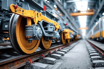New yellow train wheels standing on rails inside a maintenance depot, showing the suspension and braking system of a train under maintenance