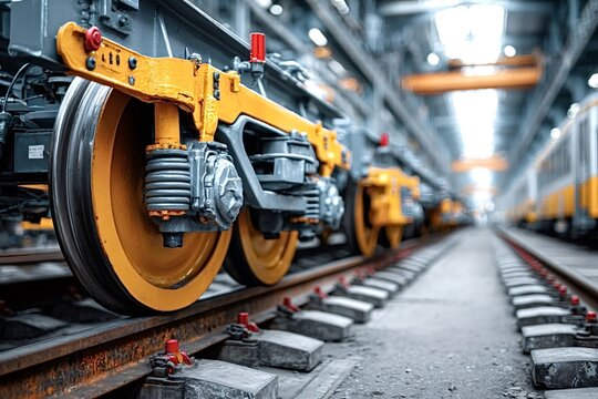 New yellow train wheels standing on rails inside a maintenance depot, showing the suspension and braking system of a train under maintenance