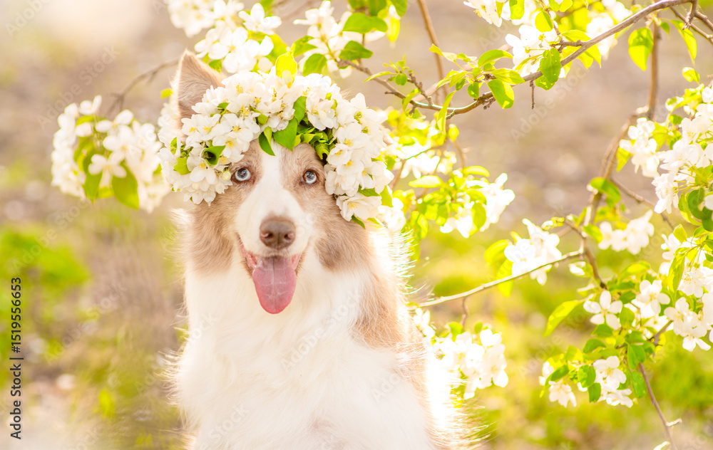Poster portrait of a happy border collie puppy wearing wreath of apple blossoms at sunny spring park. empty