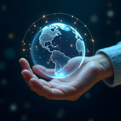 Hand holding a blue globe representing global business and environmental protection