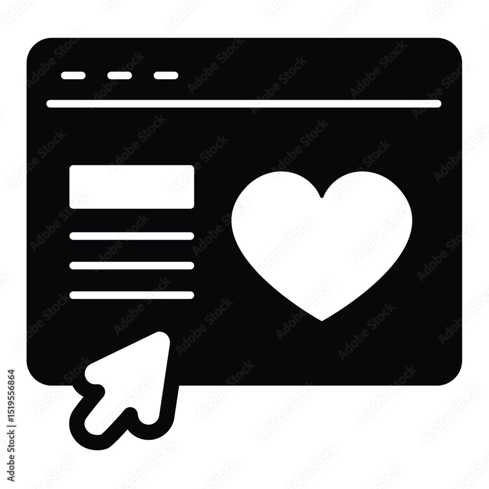 Poster website with heart and mouse pointer solid icon, charity concept. vector graphics. landing page, don