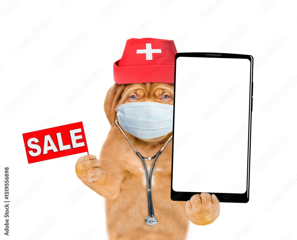 Aufkleber funny mastiff puppy wearing like a doctor with stethoscope on his neck showing big smartphone with w