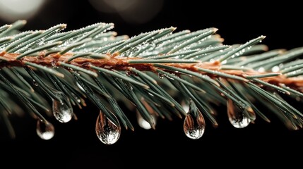 Evergreen branch closeup with water droplets. Pine needles with clear dew drops clinging to the plant. Gardening concept for nature.