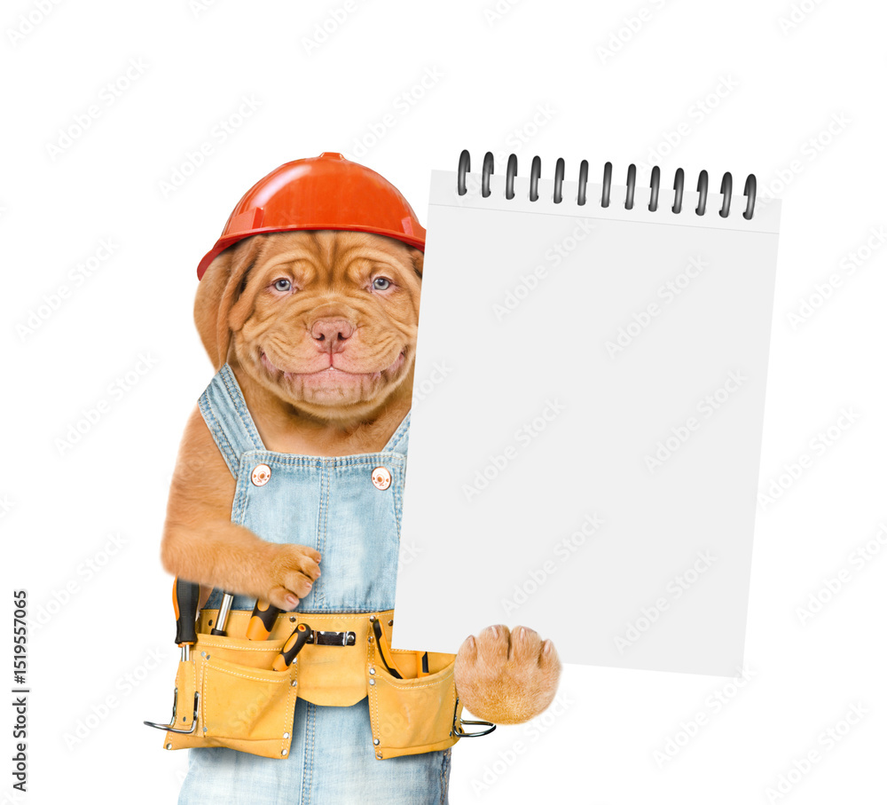 Aufkleber Smiling Mastiff puppy wearing hatdhat and denim overalls with tool belt shows empty list. Isolated on white background