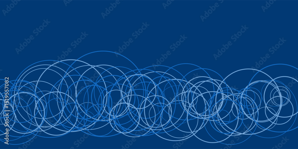 Poster a deep blue background features overlapping circles, forming a dynamic and modern abstract pattern. 