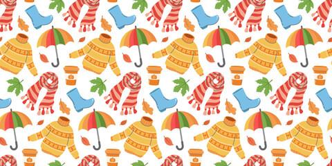 Colorful autumn seamless pattern with scarves, rain boots, umbrellas, sweaters, coffee cups, and leaves, perfect for seasonal designs or fall themed projects