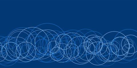 A deep blue background features overlapping circles, forming a dynamic and modern abstract pattern. The bold contrast and simple geometric design create a visually engaging composition.