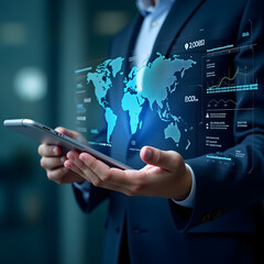 Hand holding a digital tablet with a global social network map, symbolizing business, technology, and worldwide communication