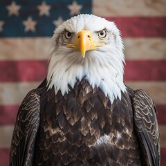 Fototapeta premium American bald eagle portrait with flag in background wildlife photography patriotism and nature outdoor setting close-up view symbol of freedom