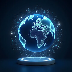 Abstract 3D globe illustration of planet Earth on a dark background, showcasing global business, communication, and geography across continents like Europe, Asia, and America