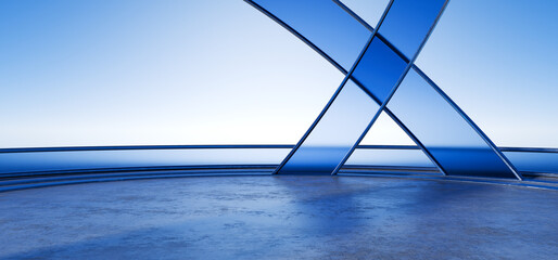 Abstract minimal architecture background, geometric architecture with wavy design, car presentation. Futuristic design made of metal, glass and concrete for your design. 3d render.