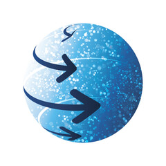 An abstract 3d glittering spinning sphere design with and directional arrows sweeping across its surface, symbolizing digital flow, data movement, or global connectivity on a clean white background.