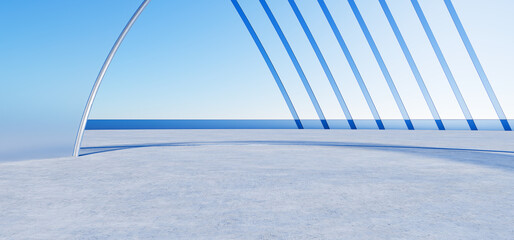 Minimal architecture background. Geometric architecture with wavy design. Futuristic metal, glass and concrete design for your design. Light garage for car presentation. 3d render.
